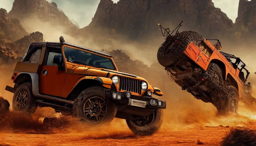 Image similar to mahindra thar, tribe members attacking, action scene, an epic fantasy, dramatic lighting, cinematic, establishing shot, extremely high detail, photorealistic, cinematic lighting, artstation, by christopher nolan, asphalt 9