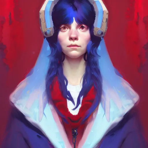 Image similar to portrait of madeline from celeste, blue bubble jacket red long hair, highly detailed, digital painting, artstation, concept art, sharp focus, illustration, art by greg rutkowski and alphonse mucha