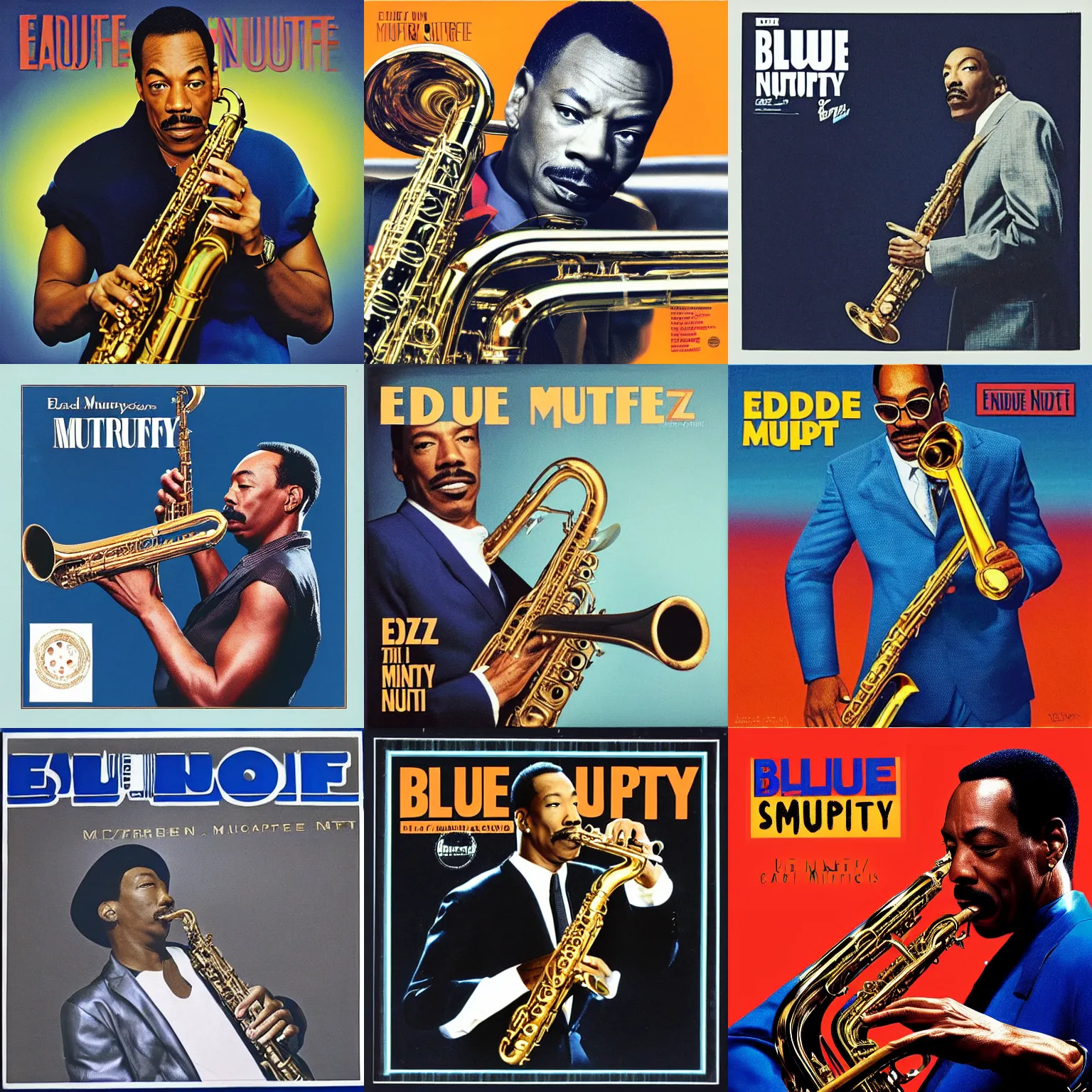 Prompt: Blue Note jazz album cover of Eddie Murphy playing saxophone