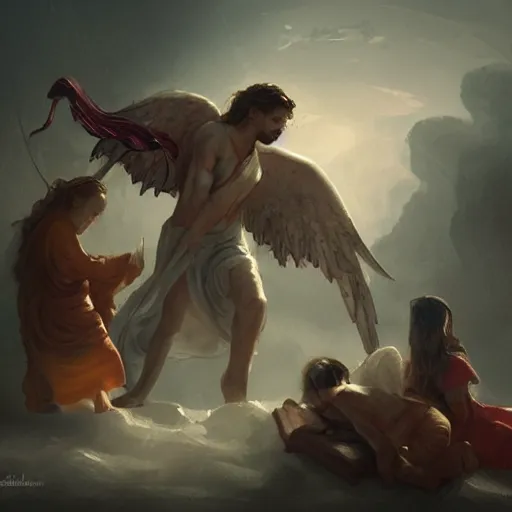 Prompt: angels protecting a praying man, by Quentin Mabille, Trending on artstation, deviantart