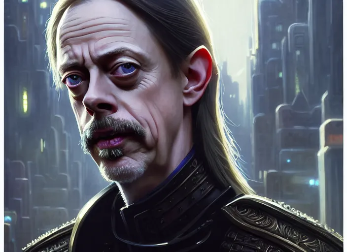 Image similar to a film still portrait of steve buscemi elven king, finely detailed features, cinematic lighting, perfect art, night cyberpunk city, intricate, anime, gapmoe grimdark, artstation, trending on pixiv fanbox, painted by greg rutkowski makoto shinkai takashi takeuchi studio ghibli, akihiko yoshida, 4 k