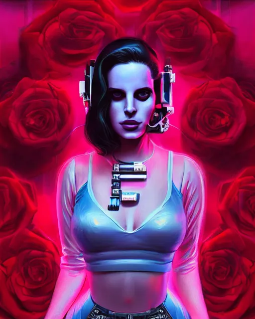 Image similar to portrait of lana del rey as a cyberpunk cyborg. sci - fi intricate abstract upper body intricate artwork, roses, rose petals by tooth wu, wlop, beeple, dan mumford. concept art, octane render, trending on artstation, greg rutkowski, asymmetrical, cinematic arthouse, key art, hyper realism, iridescent accents