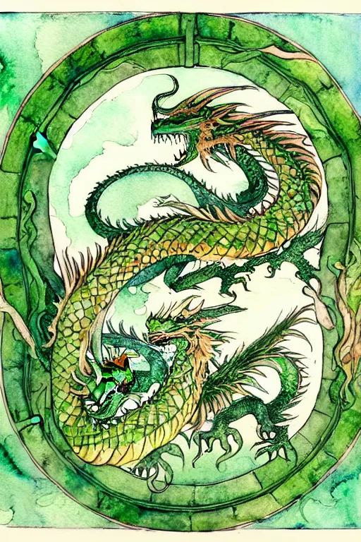 Prompt: green dragon watercolor painting in the center of a circular frame of leaves, art by walter crane and arthur rackham, illustration style, watercolor