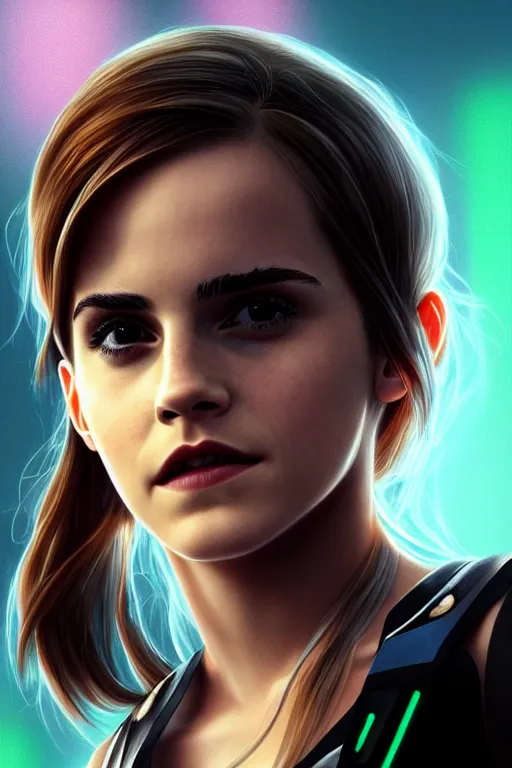 Image similar to Emma Watson, head and shoulders portrait, the background is a huge futuristic city, cyberpunk style futuristic neon lights, artstation cgsociety masterpiece highly-detailed