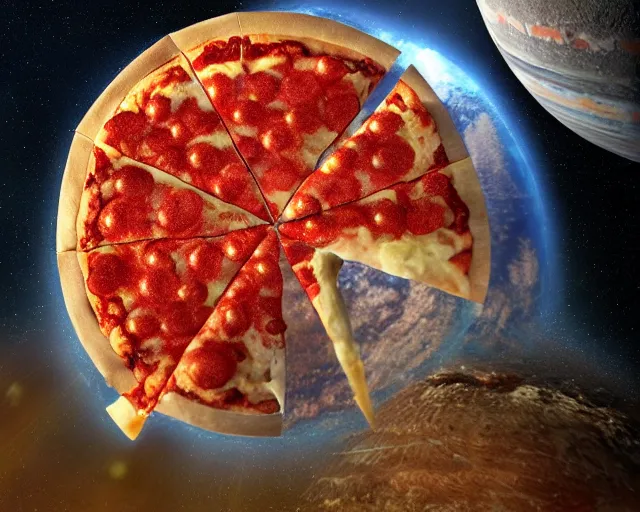 Prompt: a slice of pizza spaceship in orbit around a planet starwars digital art 4 k atmospheric cinematic shot octane render