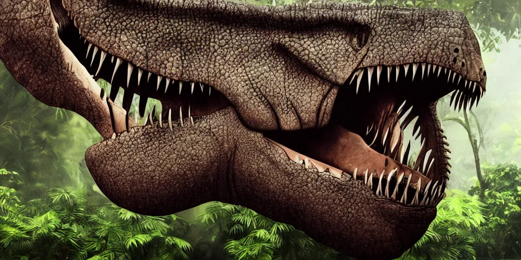 Image similar to photo realism, vary sad, cry tyrannosaurus rex, background jungle, 4 k