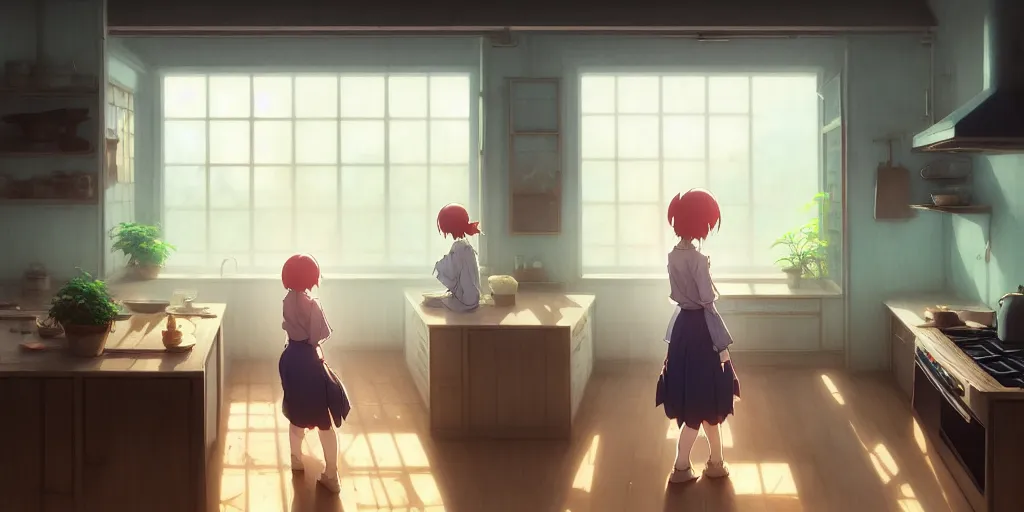 Image similar to interior background art, bright window lit kitchen, morning, steaming food on the stove, wooden floors, houseplants, cottage decor, gapmoe yandere grimdark, trending on pixiv fanbox, painted by greg rutkowski makoto shinkai takashi takeuchi studio ghibli, akihiko yoshida