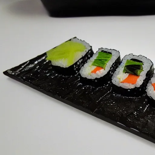 Prompt: a piece of sushi designed by Issey Miyake high detail photo glistening rice and seaweed food photography