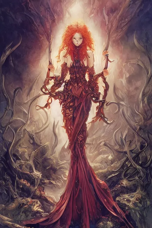 Prompt: young redhead Spellcaster on their knees worshiping spell book, S&D dark fantasy style, sharp focus, ultra detailed, art by Artgerm and Peter Andrew Jones, Karol Bak, Ayami Kojima, Amano and Olivier Ledroit