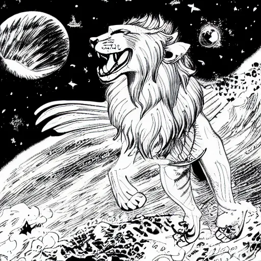 Image similar to angelic lioness flying in outer space, black and white ink on paper, thick outlines, 8k high quality detailed art, trending on art station, manga art, by Eiichiro Oda