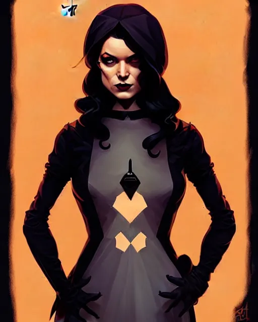 Prompt: rafael albuquerque comic art, peter mohrbacher, steve niles, artgerm, pretty mary elizabeth winstead witch, black dress, symmetrical eyes, long blonde hair