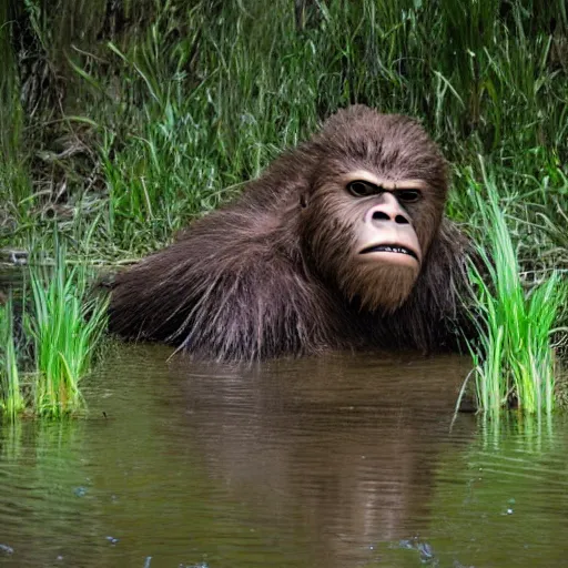 Prompt: sasquatch peeking head out of swamp water