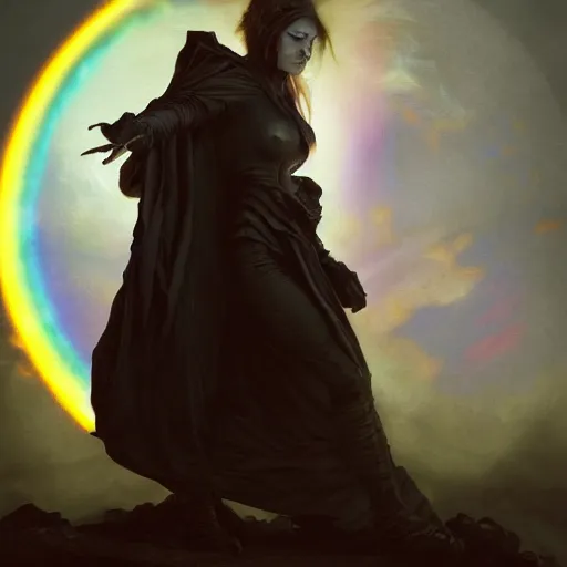 Image similar to artistic scene of a fierce beautiful figure the called the moonbow queen with beautiful face in a black cloak in battle ready pose and strangers coming against her, a rainbow in the dark, colorful, by Michael Whelan, William Adolphe Bouguereau, and Donato Giancola, highly rendered, beautiful, cyberpunk, moody lighting, glowing light and shadow, atmospheric, shadowy, cinematic, 8K