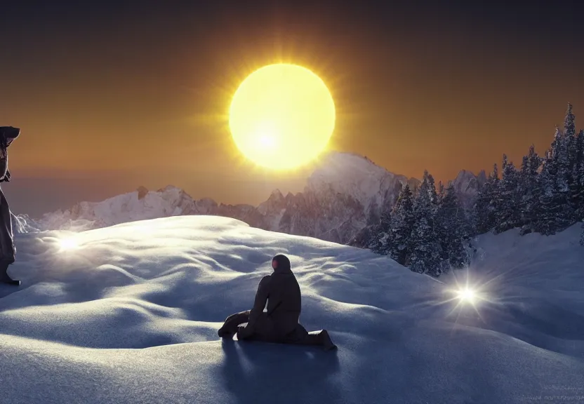 Prompt: fully photorealistic eclipse at sunrise on snowy mountaintop, distant glowing figures, masterpiece composition, art by john collier, albert aublet, artem demura, alphonse mucha, sharper luminescent focus, nd 6, hdr, movie still, cinematic diffuse lighting, artstation, textless, sharp focus