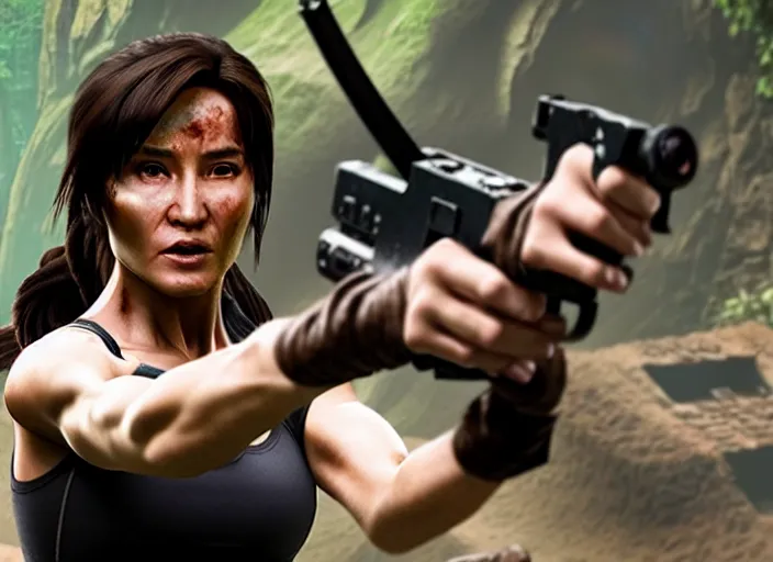 Image similar to film still of jackie chan as lara croft in new tomb raider movie, 8 k