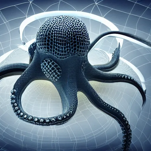 Image similar to complex floating abstract 3 d object in frontal view, ultra rendered extreme realism and detail, 8 k, highly detailed, realistic, pbr, oktane render, biomorphic, symmetrical, looks like a futuristic octopus,