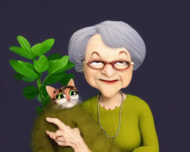 Image similar to detailed cartoon portrait of an old lady and her plant cat, pixar, sharp high quality