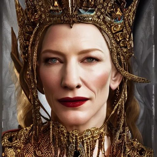 Image similar to Portrait cate blanchett ancient biblical, sultry, sneering, evil, pagan, wicked, queen jezebel, wearing gilded ribes, highly detailed, painting