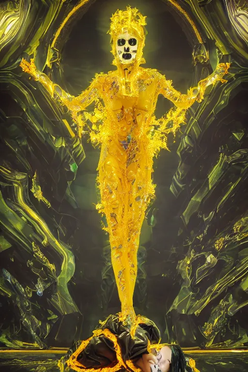 Image similar to photo of fullbody rococo and cyberpunk delicate neon crystalline sculpture of seductive muscular onyx albino marble prince joe jonas teal iridescent humanoid deity wearing yellow plastic hooded cloak holding an onyx skull in a onyx space dungeon, reclining, glowing yellow face, crown of white diamonds, cinematic lighting, photorealistic, octane render 8 k depth of field 3 d