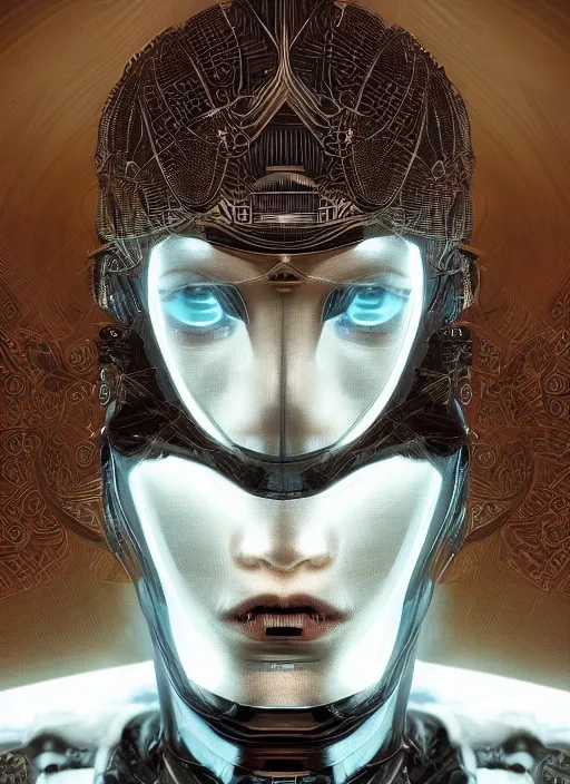 Image similar to beautiful portrait of an alien cyborg, deus ex machina, style of Feng Zhu, Artstation geometric, aesthetic, big eyes, smooth skin, unique features, symmetrical, intricate crown, volumetric lighting, streetwear, cyberpunk, detailed, octane render, cinematic, 8k, brown skin, retro sci fi film, Stanisław Szukalski + Moebius,