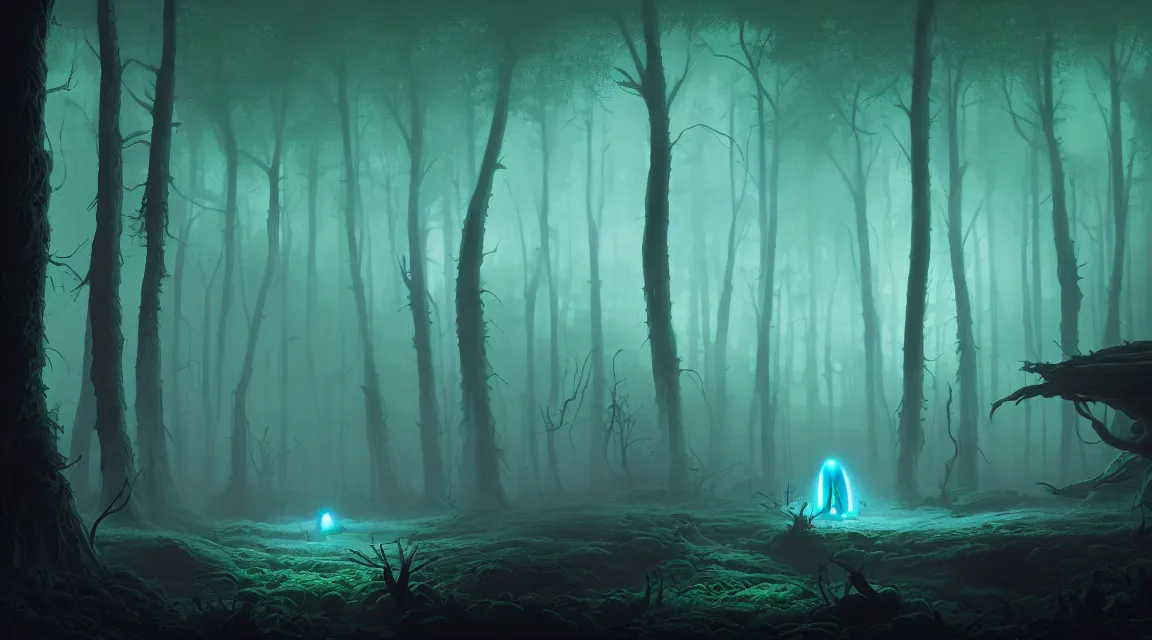 Prompt: matte painting. glowing alien in forest at night. forest is lit by eerie blue glow. scary. digital painting. digital render. beeple. noah bradley. cyril roland. dan mumford. naomi okubo. trending on artstation.