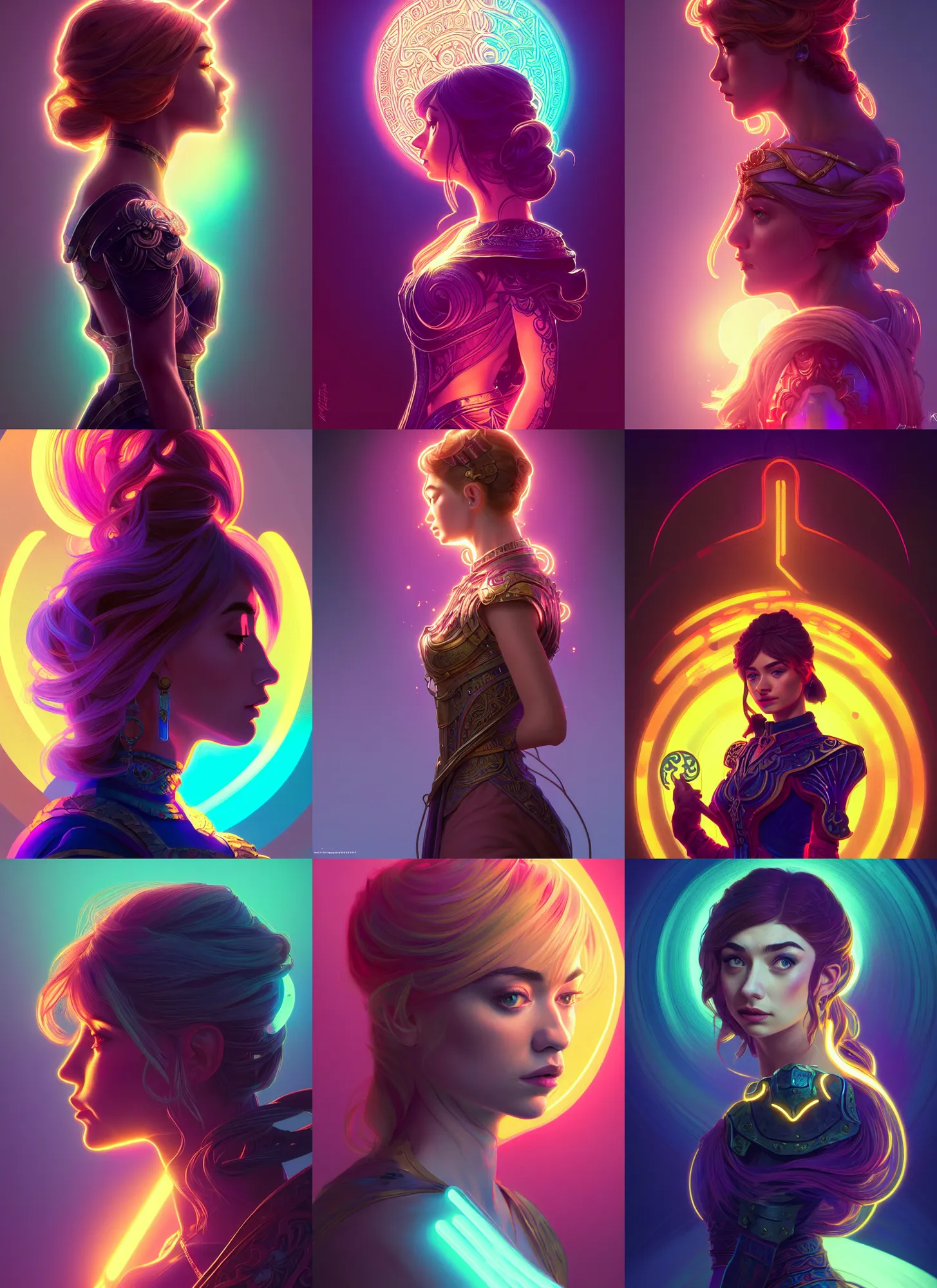 Prompt: side portrait, imogen poots, paladin!, gloomhaven, soft, smooth, luminescent, art nouveau tarot, backlit neon glow, colorful swirly ripples, fancifully gaudy colors, aesthetic octane render, unreal engine, 8 k, by mucha, ilya kuvshinov!, cushart krenz