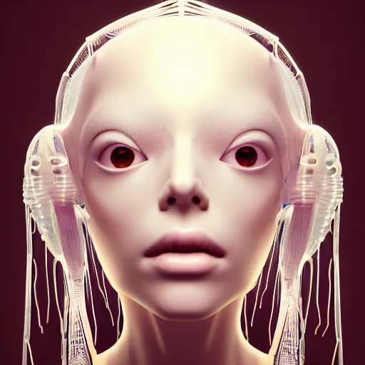 Prompt: closeup portrait of an absurdly beautiful, graceful, sophisticated, fashionable cyberpunk mechanoid gravure idol, an ultrafine hyperdetailed illustration by irakli nadar, matt wisniewski style, intricate linework, porcelain skin, iridescent jellyfish headdress, fractal ivory carved ruff, unreal engine 5 highly rendered, global illumination, radiant light, detailed and intricate environment