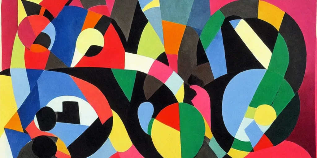 Image similar to painting on a person on the phone, abstract, collage, geometric abstraction, block colours, painting by Sonia Delaunay