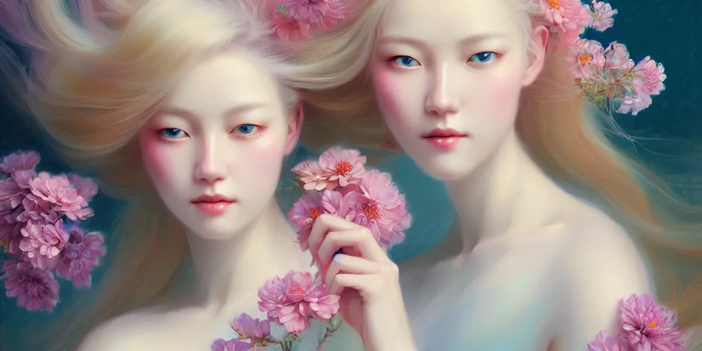 Prompt: breathtaking detailed concept art painting pastel colours pattern of deadly sin pride beauty blonde girls faces amalgamation flowers, windy, by hsiao - ron cheng, volegov, john james audubon, bizarre compositions, pastel colours, exquisite detail, 8 k