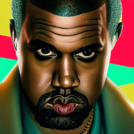 Image similar to Portrait of Kanye West with the joker makeup, splash art, movie still, cinematic lighting, dramatic, octane render, long lens, shallow depth of field, bokeh, anamorphic lens flare, 8k, hyper detailed, 35mm film grain