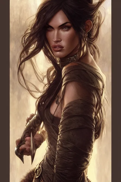 Image similar to portrait of megan fox as an elven mage, dark, piercing eyes, gentle expression, elegant clothing, photorealistic, highly detailed, artstation, smooth, sharp focus, art by michael whelan, artgerm, greg rutkowski and alphonse mucha