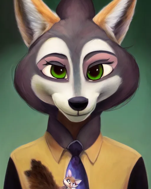 Prompt: beautiful oil painting of anthromorphic female wolf, in style of zootopia, zootopia, zootopia, fursona, furry, furaffinity, 4 k, deviantart, furry art, fursona art, wearing black business suit, business suit, in style of zootopia, wolf fursona, cyberpunk, female, expressive detailed feminine face,