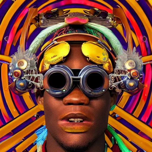 Image similar to colourful vfx upper half - portrait - art of a african tribal chief wearing steam punk goggles, art by utagawa kunisada & james jean, symmetrical, intricate detail, concept art, volumetric light, ray tracing, caricature, digital illustration, digital painting, octane 3 d render, unreal engine, sharp, pinterest, behance, art station,