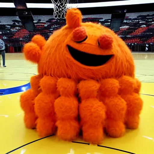 Prompt: a majestic friendly orange monster made of basketballs by pixar consumes a puny winpy cowboy at a basketball court