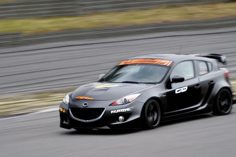 Image similar to black GT4 Mazdaspeed3 black plain livery simple, racing on track photo 2008 cinematic motion blur dof