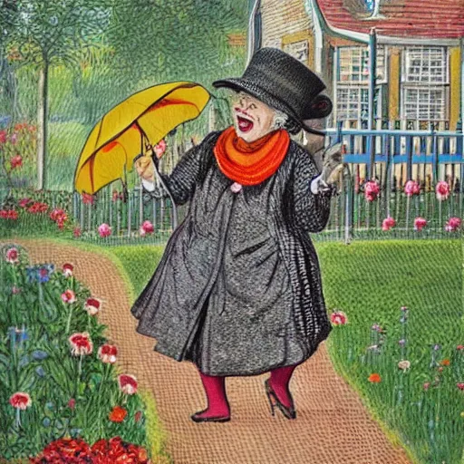 Prompt: an old lady is very excited about an umbrella in her back yard, in the style of Louis wain