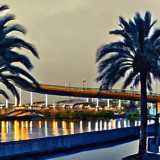 Image similar to blue hour, mostly cloudy sky, palm trees, bridge, curved bridge, dusk, 2 4 0 p footage, 2 0 0 6 youtube video, 2 0 0 6 photograph, home video