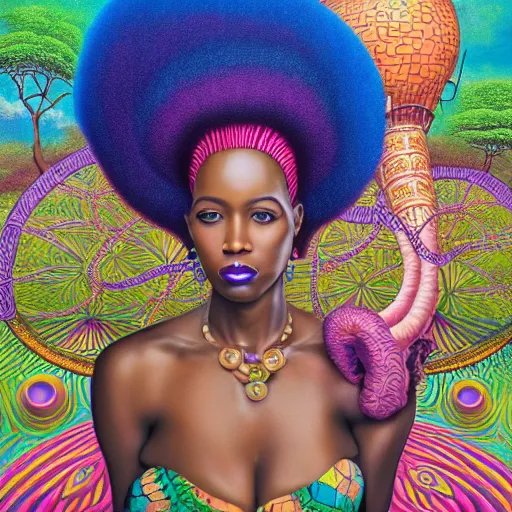 Image similar to a regal and elegant african queen with a colorful afro sitting in a cabana on top of an extremely large steampunk elephant near a pink lake with a large glowing baobab tree, by amanda sage and alex grey in a surreal psychedelic style, oil on canvas 8k, hd