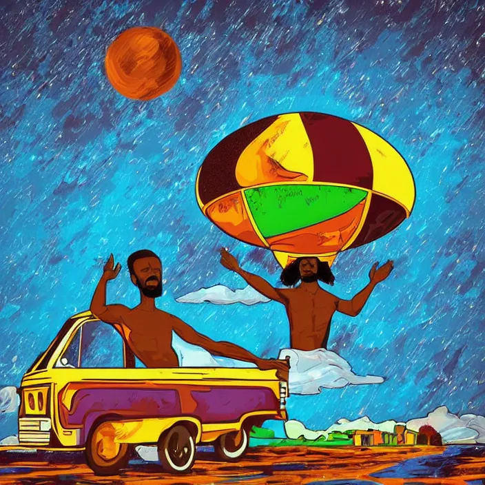 Prompt: UFO hovering over an African Jesus , clouds, colorful, in the style of Nigerian truck art,