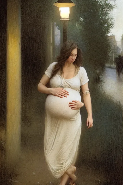 Image similar to pregnant woman under street light, casual wear, by Alyssa Monks, Bouguereau