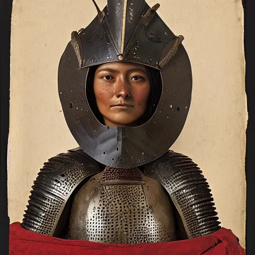 Prompt: head and shoulders portrait of a female knight, quechua, cuirass, lorica segmentata, raven, tonalist, symbolist, baroque, ambrotype, girih, indigo and red iron oxide, angular