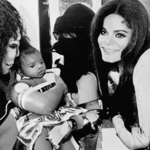 Prompt: michael jackson in a wonderwoman suit holding a baby