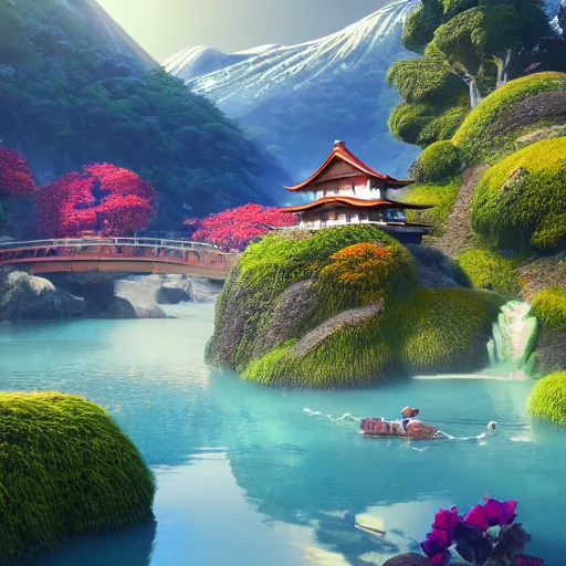 Image similar to mountains, sun, water, japan house, 3 d render, illustration, animals, waterbodies, soft, concept art, intricate details, highly detailed, colorful, photorealistic, disney pixar, octane render, iridescent, anime, 8 k