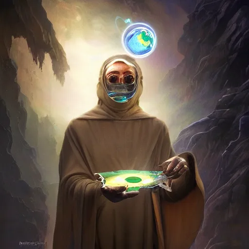 Image similar to masked nomad male wearing a cloak on an alien world and holding a holographic planet projection in his hand, detailed, sci - fi, digital painting, artstation, sharp focus, illustration, ominous, artgerm, tomasz alen kopera, peter mohrbacher, donato giancola, joseph christian leyendecker, wlop, frank frazetta