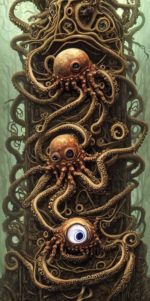 Image similar to biomechanical creature with big octopus head and (glowing) eyes guarding an ancient chest in a mystic forest, gothic and baroque, brutalist architecture, ultradetailed, Intricate by Ellen Jewett and Josan Gonzalez and Giuseppe Arcimboldo
