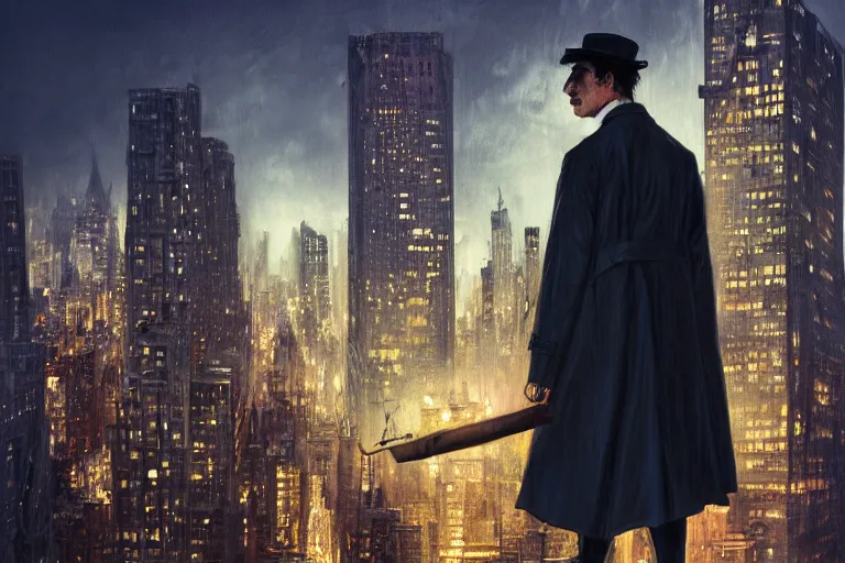 Image similar to stunningly mysterious, detective wearing a trench coat in profile smoking a sherlock holmes pipe on a perch facing the city at night, smooth, focus, highly detailed, hyper realistic, dramatic lighting, intricate, concept art, new york skyline, looking down, art by wlop, greg rutowski, artstation