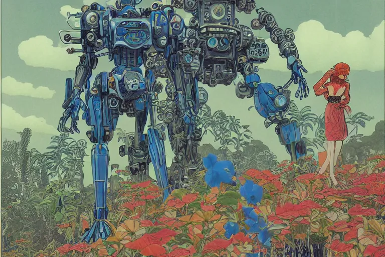 Image similar to most blues, evangelionic illustration, gigantic girl head, a lot of exotic vegetation, trees, tremendous mecha robot, flowers, oldschool vintage sci - fi flat surreal design, super - detailed, 2 d gouache painting by moebius and satoshi kon, hd, 4 k, high quality