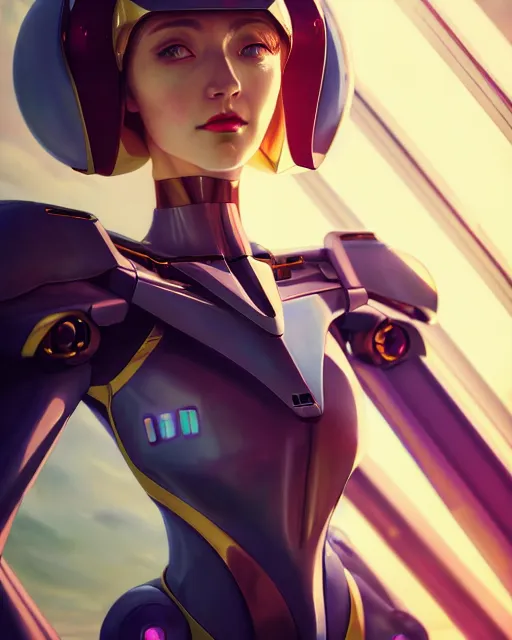 Prompt: beautiful delicate imaginative streamlined mecha neon genesis evangelion elegant futuristic close up portrait of a pilot female sitting with elegant deadly looks, armor with gold linings by ruan jia, tom bagshaw, alphonse mucha, futuristic buildings in the background, epic sky, vray render, artstation, deviantart, pinterest, 5 0 0 px models