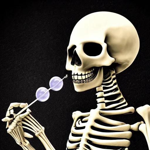 Image similar to happy skeleton blowing soap bubbles with bone utensils, dark horror, digital art, high detail