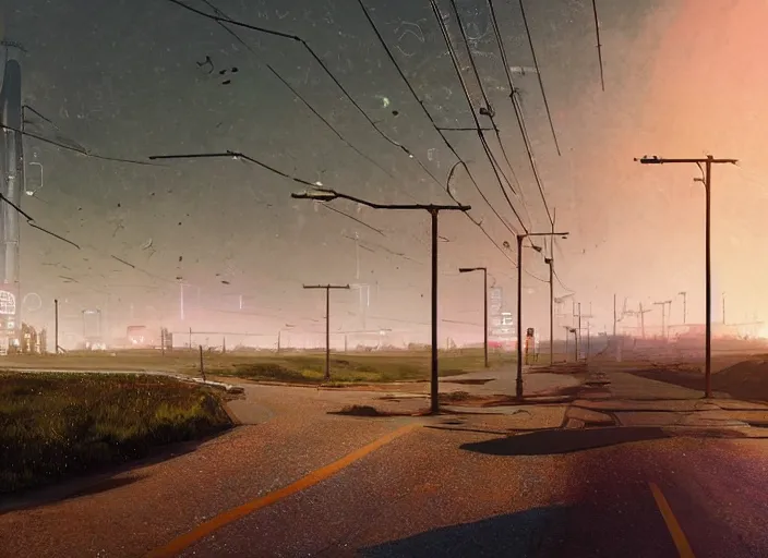 Prompt: a long road leading to a large postcyberpunk city on the horizon in the distance. Gas street lamps. Fields on the sides of, the road, desolate. digital illustration, very vibrant colors, soft lighting, adventurous, atmospheric lighting, 8K, octane render. By Makoto Shinkai, Stanley Artgerm Lau, WLOP, Rossdraws, James Jean, Andrei Riabovitchev, Marc Simonetti, krenz cushart, Sakimichan, D&D trending on ArtStation, digital art.